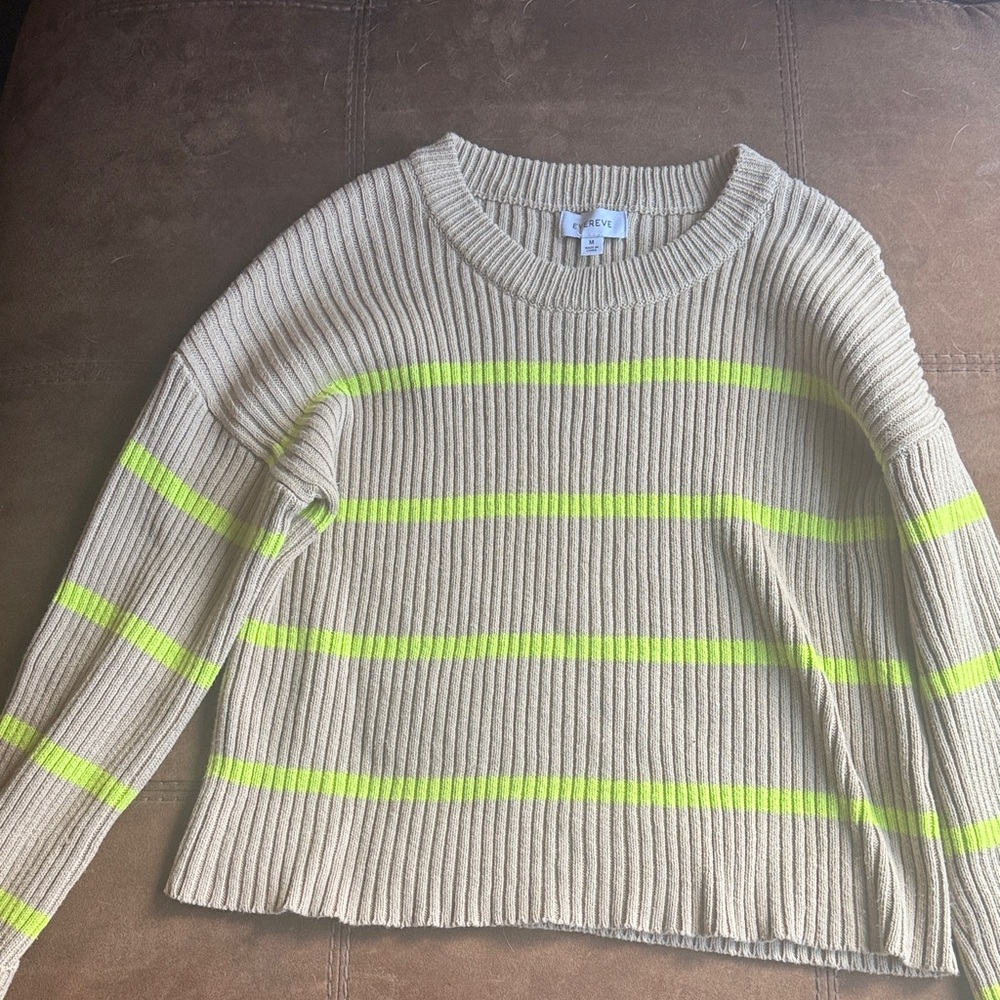 Evereve Cream Ribbed Crewneck with Neon Yellow Stripes